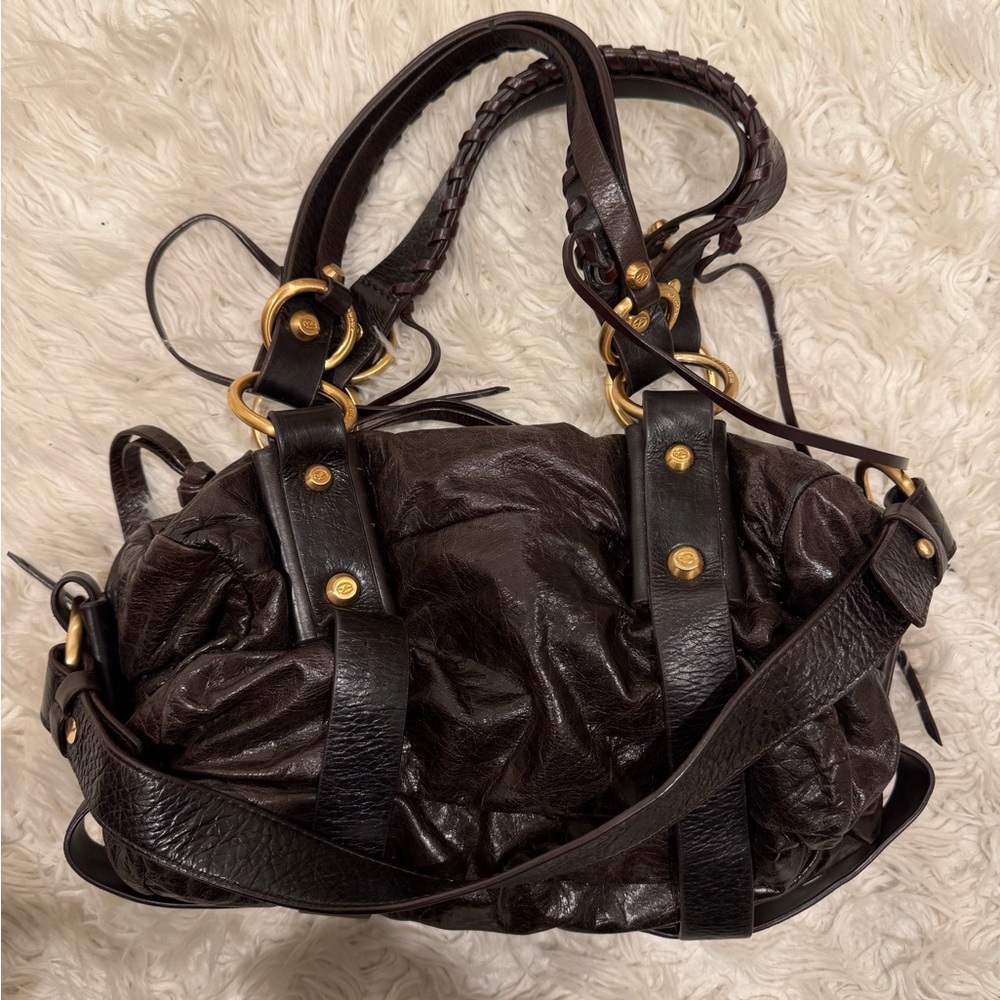 Francesco Biasia Women's Dark Brown Leather Shoulder Bag with Gold Hardware